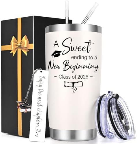 Lifecapido 2026 Graduation Gifts, A Sweet Ending to a New Beginning Class of 2026 20 oz Tumbler with Bookmark, High School College Masters Degree PhD Graduation Gifts for Graduates, Creamy by Lifecapido