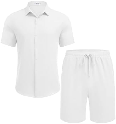 COOFANDY Men's Summer Beach Outfits 2 Piece Short Sleeve Shirts and Shorts Vacation Texture Linen Sets for Men - Image 4