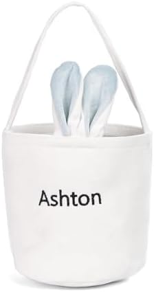 Personalized Bunny Ears Bucket Bag with Custom Name Photo-Easter Bag with Handle-Soft Egg Basket for Kids -Customized Easter Basket-Great for Carrying Gift Easter Eggs (Blue-r) by Dreamgem