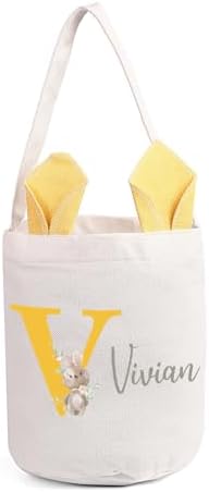 Personalized Bunny Ears Bucket Bag with Custom Name Photo-Easter Bag with Handle-Soft Egg Basket for Kids -Customized Easter Basket-Great for Carrying Gift Easter Eggs (Yellow) by Dreamgem