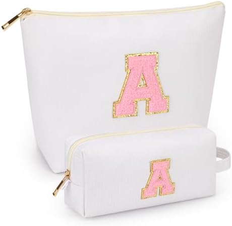2 PCS Initial Makeup Bags for Women: Cosmetic Bag for Travel Toiletry - Birthday Gifts for 11 12 13 14 15 16 17 18 Years Old Girl Graduation Teacher Gift- Teen Girl Gifts Trendy Stuff - White A by mibasies
