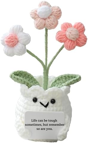 Mental Health Crochet Flower Pot, Positive Stress Relief Desk Decor with Card “Life Can Be Tough But So are You”, Handmade Emotional Support Gift by YOOJEE