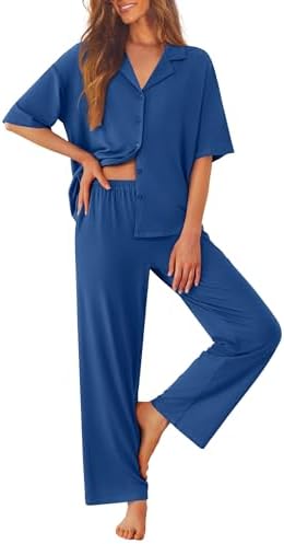 Ekouaer Women Pajamas Set Button Down Sleepwear Short Sleeve Pjs Long Pants by EKOUAER
