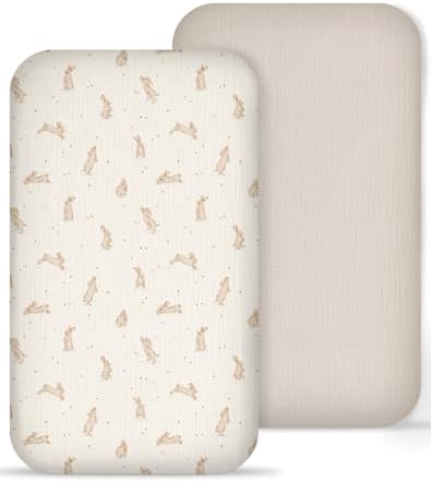 Muslin Bedside Bassinet Sheets 2 Pack, 33" X 20", (Hopping Bunnies & Beige) by Meowcards