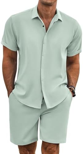 COOFANDY Men's Summer Beach Outfits 2 Piece Short Sleeve Shirts and Shorts Vacation Texture Linen Sets for Men by COOFANDY