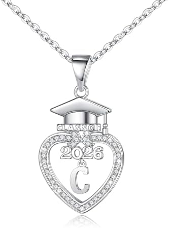 Turandoss Graduation Gifts for Women Her 2026-14K White Gold Plated Initial Necklace Dainty CZ Heart Pendant Silver Initial Necklaces for Women Friends Class of 2026 Friendship Graduation Gifts by TurandossJewelry