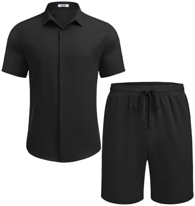 COOFANDY Men's Summer Beach Outfits 2 Piece Short Sleeve Shirts and Shorts Vacation Texture Linen Sets for Men - Image 4