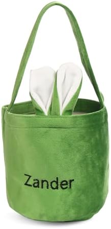 Personalized Bunny Ears Bucket Bag with Custom Name Photo-Easter Bag with Handle-Soft Egg Basket for Kids -Customized Easter Basket-Great for Carrying Gift Easter Eggs (Green-r) by Dreamgem