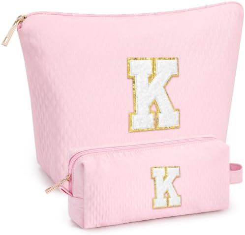 mibasies 2 PCS Initial Makeup Bags for Women: Cosmetic Bag for Travel Toiletry - Birthday Gifts for Teen Girl Gifts Trendy Stuff - Graduation Teacher Gift for Girlfriend -Lattice Pink K by mibasies