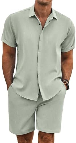 COOFANDY Men's Summer Beach Outfits 2 Piece Short Sleeve Shirts and Shorts Vacation Texture Linen Sets for Men by COOFANDY