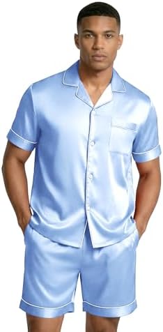 Ekouaer Mens Silk Satin Pajamas Set Short Sleeve Button Up Lounge Pjs Set - Image 2