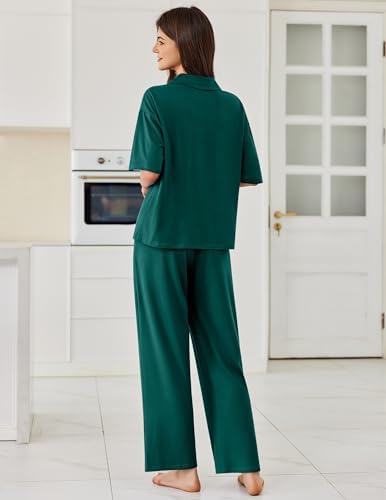 Ekouaer Women Pajamas Set Button Down Sleepwear Short Sleeve Pjs Long Pants - Image 2