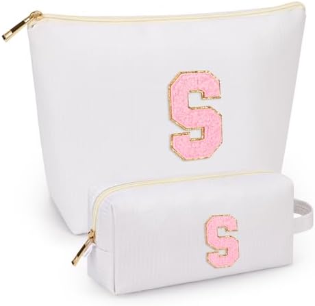 2 PCS Initial Makeup Bags for Women: Cosmetic Bag for Travel Toiletry - Birthday Gifts for 11 12 13 14 15 16 17 18 Years Old Girl Graduation Teacher Gift- Teen Girl Gifts Trendy Stuff - White S by mibasies