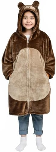 Waitu Bear Wearable Blanket Hoodie Funny Halloween Costumes Birthday Gifts for Women Men Boys Girls, Bear Hooded Blanket Flannel Zipper Hoodie Blanket Cute Gifts for Teens (Kid, Brown) by Waitu