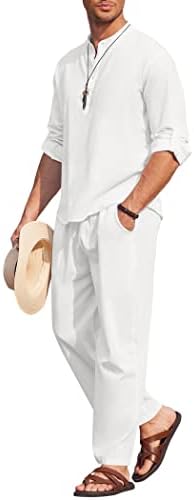 COOFANDY Men’s 2 Piece Cotton Linen Set Casual Beach Outfits Long Sleeve by COOFANDY