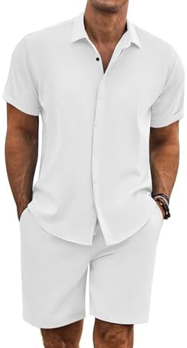 COOFANDY Men's Summer Beach Outfits 2 Piece Short Sleeve Shirts and Shorts Vacation Texture Linen Sets for Men by COOFANDY