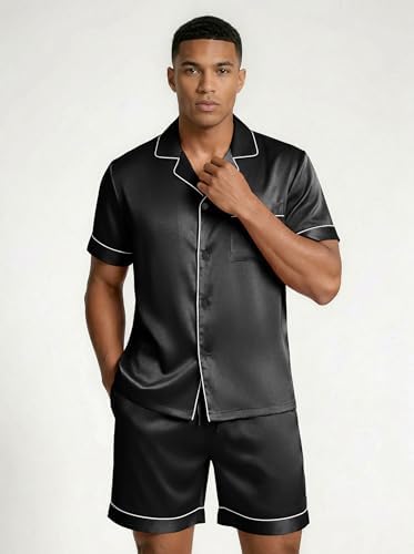 Ekouaer Mens Silk Satin Pajamas Set Short Sleeve Button Up Lounge Pjs Set - Image 4
