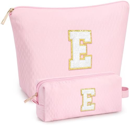 mibasies 2 PCS Initial Makeup Bags for Women: Cosmetic Bag for Travel Toiletry - Birthday Gifts for Teen Girl Gifts Trendy Stuff - Graduation Teacher Gift for Girlfriend -Lattice Pink E by mibasies