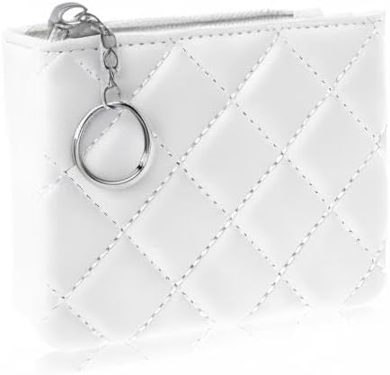 Real Leather Coin Purse with Rhombus Embroidery Zipper Keychain Mini Wallet for Women & Men (White)