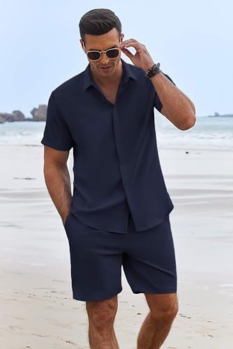 COOFANDY Men's Summer Beach Outfits 2 Piece Short Sleeve Shirts and Shorts Vacation Texture Linen Sets for Men - Image 3
