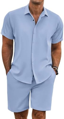 COOFANDY Men's Summer Beach Outfits 2 Piece Short Sleeve Shirts and Shorts Vacation Texture Linen Sets for Men by COOFANDY