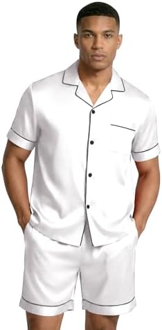 Ekouaer Mens Silk Satin Pajamas Set Short Sleeve Button Up Lounge Pjs Set - Image 2
