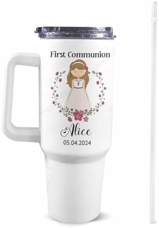First Communion Gifts for Girls - Personalized 1st Holy Communion Tumblers with Handle and Straw, Custom First Holy Communion Coffee Tumbler with Name & Date, Baptism Gifts for Girls Daughters - Image 2