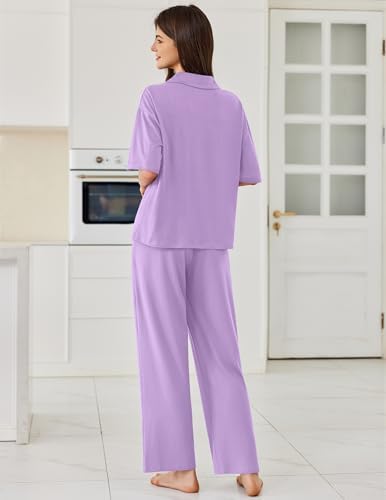 Ekouaer Women Pajamas Set Button Down Sleepwear Short Sleeve Pjs Long Pants - Image 2