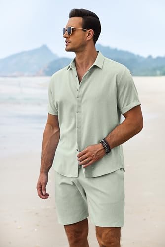 COOFANDY Men's Summer Beach Outfits 2 Piece Short Sleeve Shirts and Shorts Vacation Texture Linen Sets for Men - Image 3