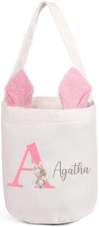 Personalized Bunny Ears Bucket Bag with Custom Name Photo-Easter Bag with Handle-Soft Egg Basket for Kids -Customized Easter Basket-Great for Carrying Gift Easter Eggs (Pink) by Dreamgem