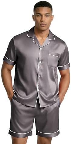 Ekouaer Mens Silk Satin Pajamas Set Short Sleeve Button Up Lounge Pjs Set - Image 2