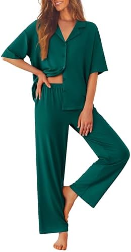 Ekouaer Women Pajamas Set Button Down Sleepwear Short Sleeve Pjs Long Pants by EKOUAER