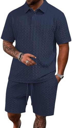 Men's 2 Pieces Outfits Casual Polo Shirt and Shorts Set Collar Athletic Jogging Summer Tracksuit by LINENNMAIN