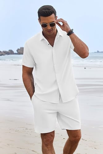 COOFANDY Men's Summer Beach Outfits 2 Piece Short Sleeve Shirts and Shorts Vacation Texture Linen Sets for Men - Image 3