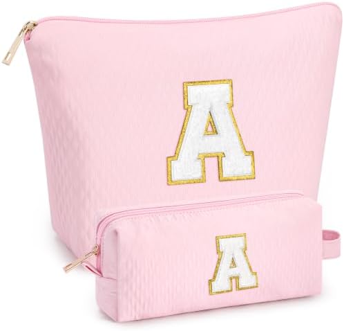 mibasies 2 PCS Initial Makeup Bags for Women: Cosmetic Bag for Travel Toiletry - Birthday Gifts for Teen Girl Gifts Trendy Stuff - Graduation Teacher Gift for Girlfriend -Lattice Pink A by mibasies