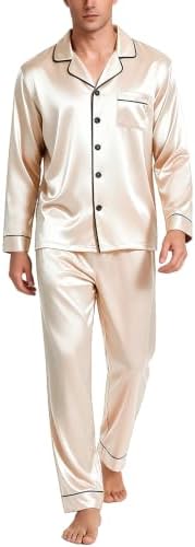 SWOMOG Mens Silk Satin Pajamas Set Long Sleeve Sleepwear Button-Down Pj Two-piece Loungewear with Long Pants S-XXL by SWOMOG