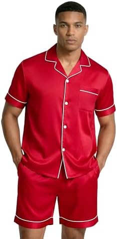 Ekouaer Mens Silk Satin Pajamas Set Short Sleeve Button Up Lounge Pjs Set - Image 2