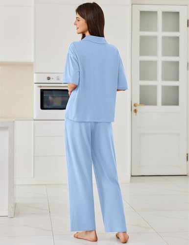 Ekouaer Women Pajamas Set Button Down Sleepwear Short Sleeve Pjs Long Pants - Image 2