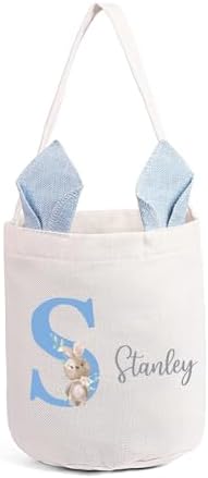 Personalized Bunny Ears Bucket Bag with Custom Name Photo-Easter Bag with Handle-Soft Egg Basket for Kids -Customized Easter Basket-Great for Carrying Gift Easter Eggs (Blue) by Dreamgem