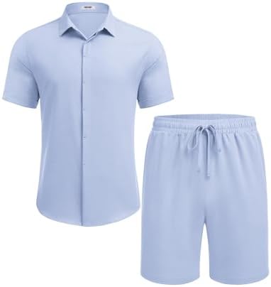 COOFANDY Men's Summer Beach Outfits 2 Piece Short Sleeve Shirts and Shorts Vacation Texture Linen Sets for Men - Image 4