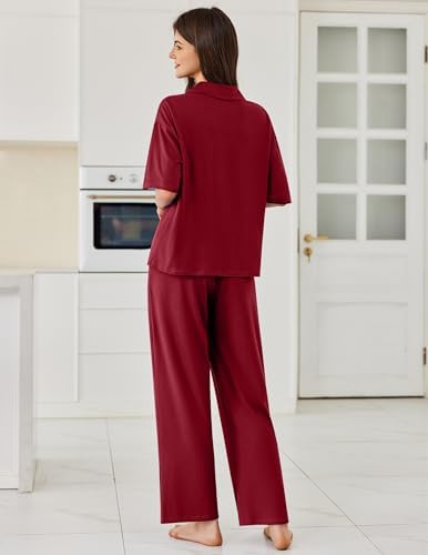 Ekouaer Women Pajamas Set Button Down Sleepwear Short Sleeve Pjs Long Pants - Image 2