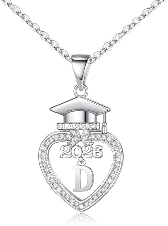 Turandoss Graduation Gifts for Women Her 2026-14K White Gold Plated Initial Necklace Dainty CZ Heart Pendant Silver Initial Necklaces for Women Friends Class of 2026 Friendship Graduation Gifts by TurandossJewelry