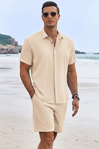 COOFANDY Men's Summer Beach Outfits 2 Piece Short Sleeve Shirts and Shorts Vacation Texture Linen Sets for Men - Image 3