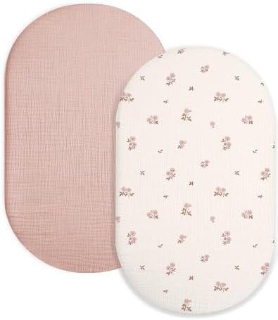 Muslin Bassinet Sheets 2 Pack, 33" x 17", (Vintage Blossom & Pink) by Meowcards