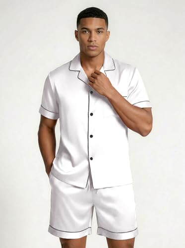 Ekouaer Mens Silk Satin Pajamas Set Short Sleeve Button Up Lounge Pjs Set - Image 3