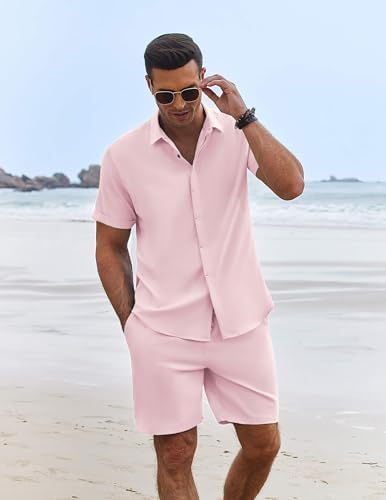 COOFANDY Men's Summer Beach Outfits 2 Piece Short Sleeve Shirts and Shorts Vacation Texture Linen Sets for Men - Image 3