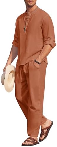 COOFANDY Men’s 2 Piece Cotton Linen Set Casual Beach Outfits Long Sleeve by COOFANDY
