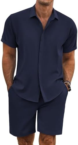 COOFANDY Men's Summer Beach Outfits 2 Piece Short Sleeve Shirts and Shorts Vacation Texture Linen Sets for Men by COOFANDY