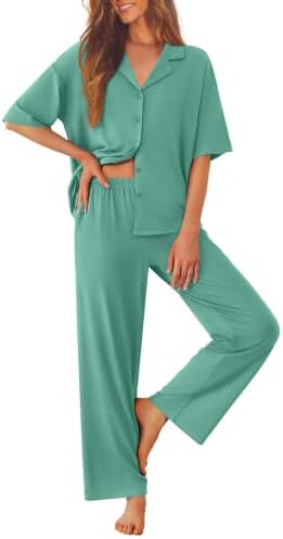 Ekouaer Women Pajamas Set Button Down Sleepwear Short Sleeve Pjs Long Pants by EKOUAER