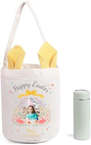 Personalized Bunny Ears Bucket Bag with Custom Name Photo-Easter Bag with Handle-Soft Egg Basket for Kids -Customized Easter Basket-Great for Carrying Gift Easter Eggs (Yellow-Photo) - Image 7